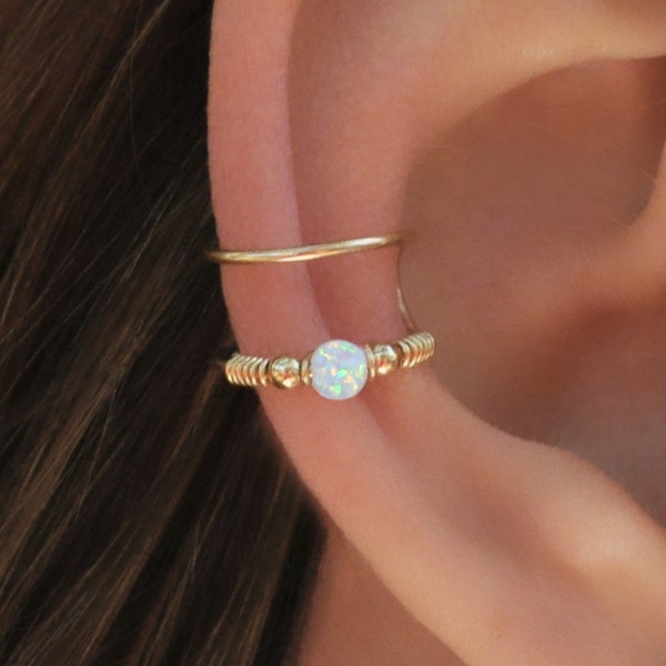 DOUBLE WRAP CUFF, White Opal Ear Cuff, Ear Cuff, Fake Piercing, No Piercing, Conch Cuff