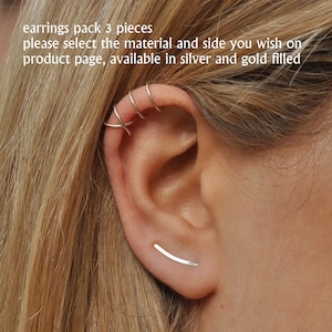 Dainty Ear Climber, Ear Crawler Earrings 15mm 0.6 inch, Gold Ear Cuff Climber, Unique Modern Minimalist Set Pack 3 pieces right