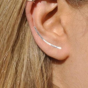 Ear Crawler, Ear Climber Earrings, Minimalist Earrings Silver Gold Filled, Dainty Gold Climber Flat Hammered Silver Smooth