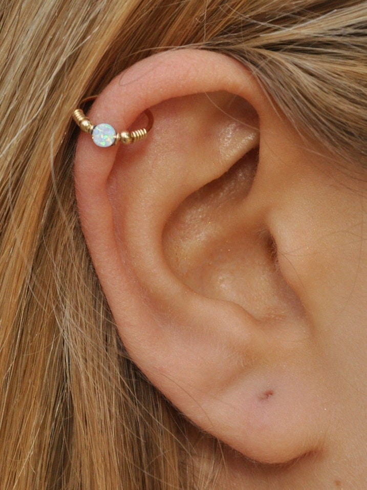 BECOME TREE CONCHO×HOOP PIERCE Upper Cartilage Hoop With White Opal Bead, Helix Beaded Ring