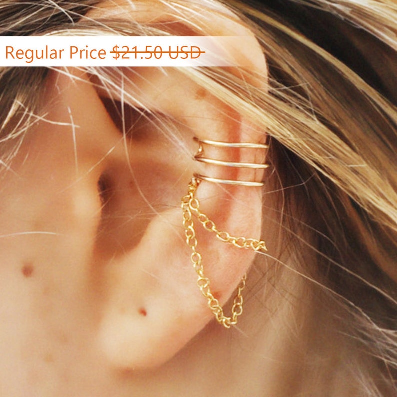 Sale Ear Cuff Triple Ear Cuff and Chain Gold Filled Ear Etsy