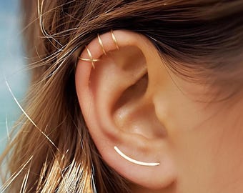 Gold Ear Cuff and Climber Earrings Set Minimalist Earring Stack