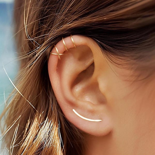 Gold Ear Cuff and Climber Earrings Set Minimalist Earring Stack