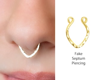 Faux Septum Ring V Hammered, No Piercing Needed, Texture Septum Jewelry Gold, Nose Septum Cuff