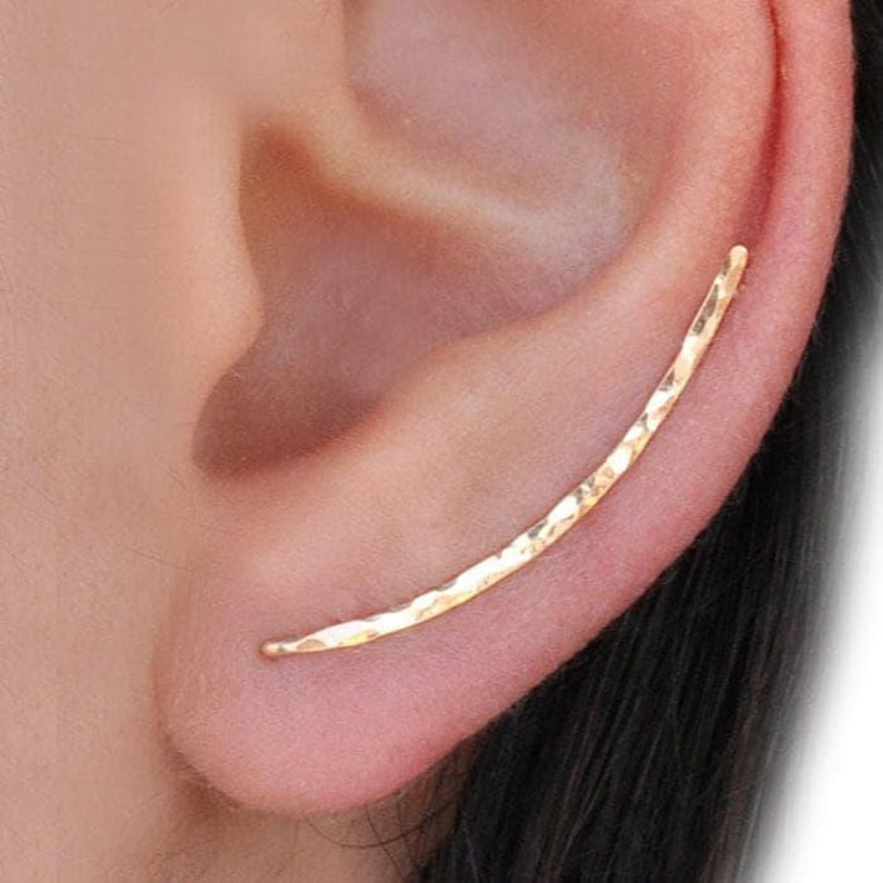 Ear Crawler, Ear Climber Earrings, Minimalist Earrings Silver Gold Filled, Dainty Gold Climber Flat Hammered Gold Hammered