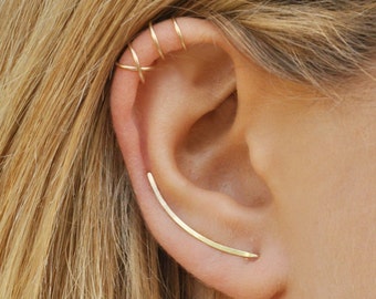 Orecchini minimalisti Set di 3 - Ear Climbers lisci, Ear Cuff, Orecchino Climbers 30mm, Criss Cross Ear Cuff, Crawler dorati