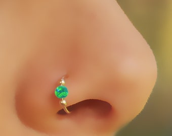 Fake Nose Stud, Faux Piercing, Fake Ring Nose, Clip on Nose Cuff, Green Opal Stone, Opal Jewelry