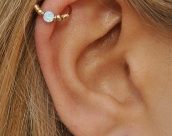 Upper Cartilage Hoop with White Opal Bead, Helix Beaded Ring, Everyday Jewelry