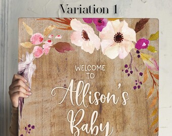Boho Baby Shower Decorations, Personalized Baby Shower Entrance Sign, Canvas Welcome Poster, Girl Baby Shower Banner, Floral Foam Board