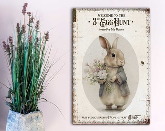 Easter Egg Hunting Sign, Spring Welcome Decor, Easter Bunny Wall Art, Easter Family Decor, Rustic Wall Hanging, Easter Party Canvas Decor