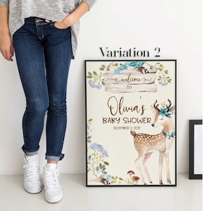 Decoraciones de baby shower de criaturas del bosque, estandarte de ciervos del bosque, cartel de bienvenida de lienzo, tablero de amigos del bosque, signo neutral de género 0013
