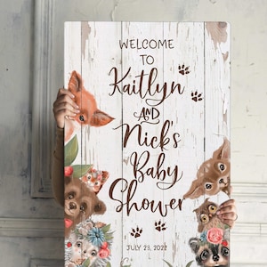 Cartel de lienzo de amigos del bosque, letrero de bienvenida de animales rústicos, tablero de baby shower de género neutro