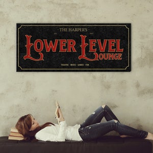 Lower Level Lounge Sign, Personalized Theater Signs, Modern Farmhouse Wall Decor Family Name Sign, Retro Basement Decor, Movie Room Wall Art