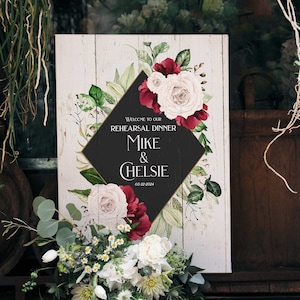 Red Rose Wedding Welcome Sign With Date Perfect For Wedding Reception Centerpieces Or Rehearsal Dinner Board