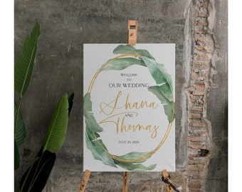 Tropical Wedding Welcome Sign, Beach Wedding Board, Custom Name Canvas Poster, Palm Leaves Welcome Banner, Summer Wedding Sign  0220