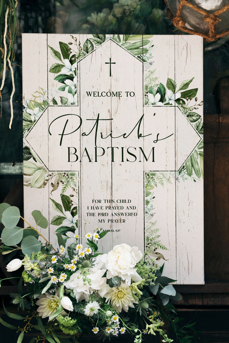 Welcome Baptism Sign, First Communion Banner, Greenery Christening Signs, Religious Board, Welcome To Baptism Celebration Banner, Eucalyptus image 5