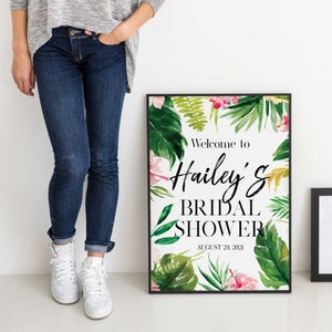 Hawaiian Luau Bridal Shower Welcome Sign Beach Party Canvas, Aloha Poster with Palm Leaves