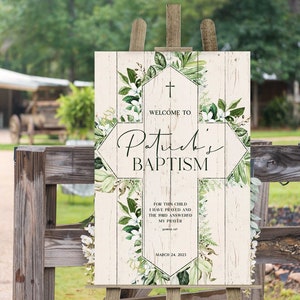 Welcome Baptism Sign, First Communion Banner, Greenery Christening Signs, Religious Board, Welcome To Baptism Celebration Banner, Eucalyptus image 4