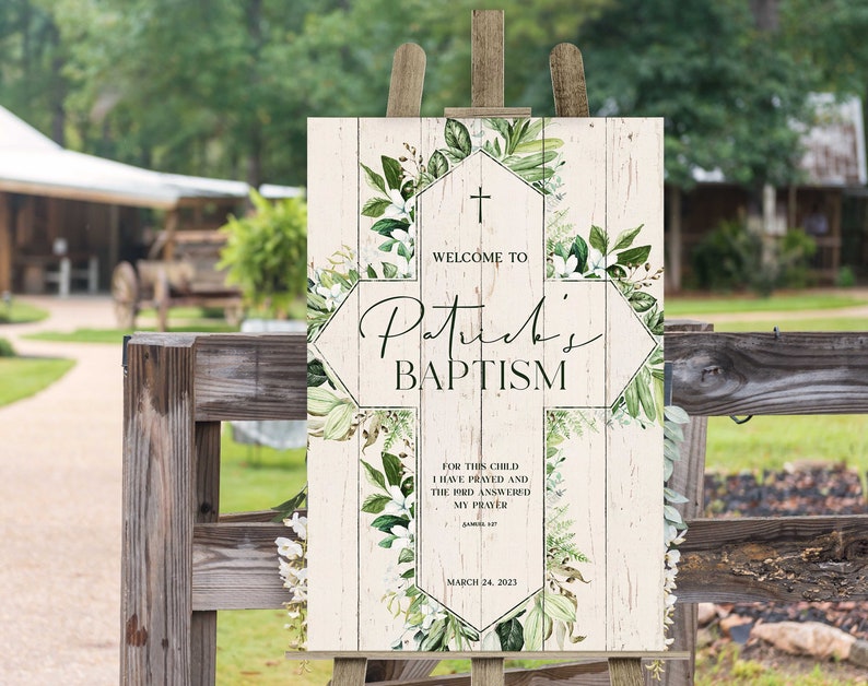 Welcome Baptism Sign, First Communion Banner, Greenery Christening Signs, Religious Board, Welcome To Baptism Celebration Banner, Eucalyptus image 4