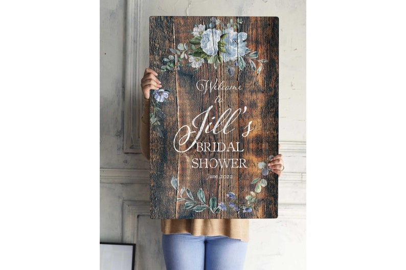 Dusty Blue Bridal Shower Sign With Flowers In Rustic Boho Style Perfect For Something Blue Wedding Theme Decor