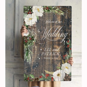 Holiday Wedding Welcome Sign: Rustic Winter Ceremony Poster for Christmas Reception
