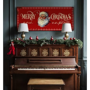 Rustic Merry Christmas Sign, Santa Claus Print, Traditional Fireplace Decor