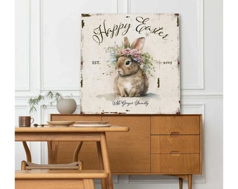 Happy Easter Wall Art, Easter Rabbit Wall Hanging, Easter Farmhouse Sign, Large Canvas Print, Easter Bunny Wall Decor, Floral Wall Art