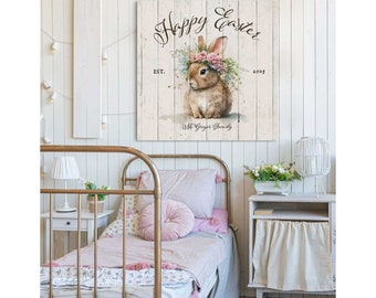 Happy Easter Sign, Easter Bunny Wall Art, Spring Home Decor, Easter Family Name Print, Large Wall Hanging, Easter Rabbit Canvas Print, Decor