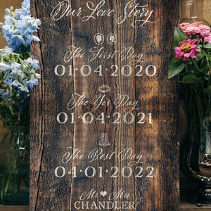 Our love story sign ideal as personalized wedding welcome board or wedding date keepsakes Rustic engagement party sign with dates image 3