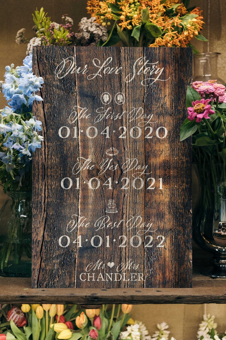 Our love story sign ideal as personalized wedding welcome board or wedding date keepsakes Rustic engagement party sign with dates image 3