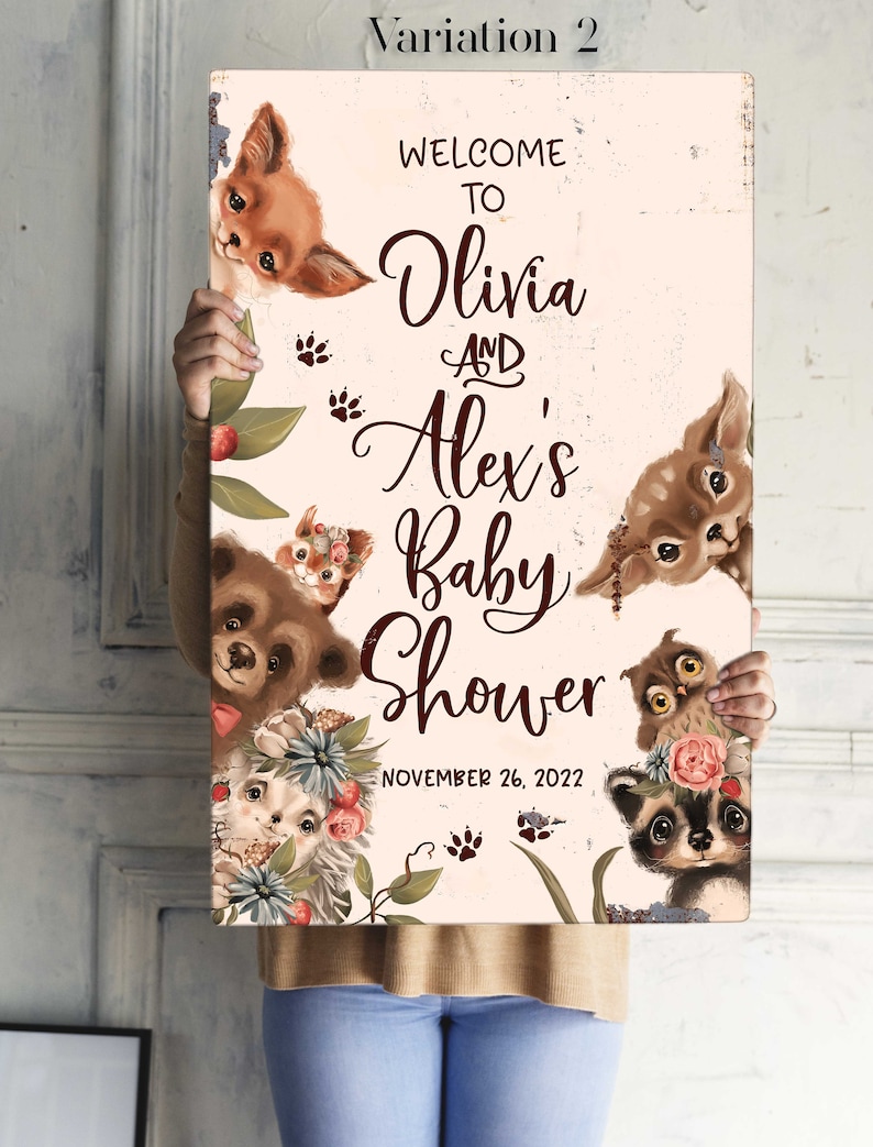 Woodland Baby Shower Welcome Sign, Forest Friends Baby Shower Welcome Sign, Woodland Animal Canvas Poster, Personalized Baby Shower Board Bild 5