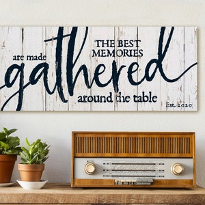 Create a heartwarming atmosphere with our customizable canvas sign, featuring 'The best memories are made gathered around the table' on a distressed white wooden backdrop. Add a personal touch with your family name and a significant date