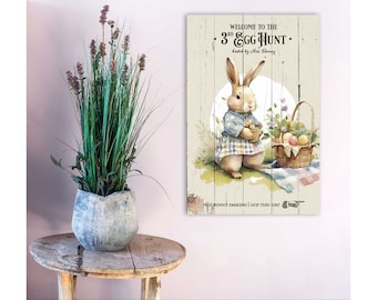 Easter Egg Bunny Sign, Easter Egg Hunt Wall Art, Large Canvas Print, Cottage Easter Decor, Happy Easter Wall Hanging, Easter Basket Art