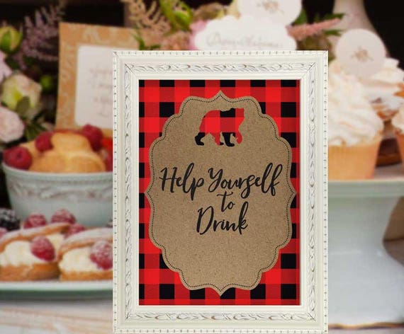 Baby Shower Table Sign Red Black Lumberjack Help Yourself To Drink