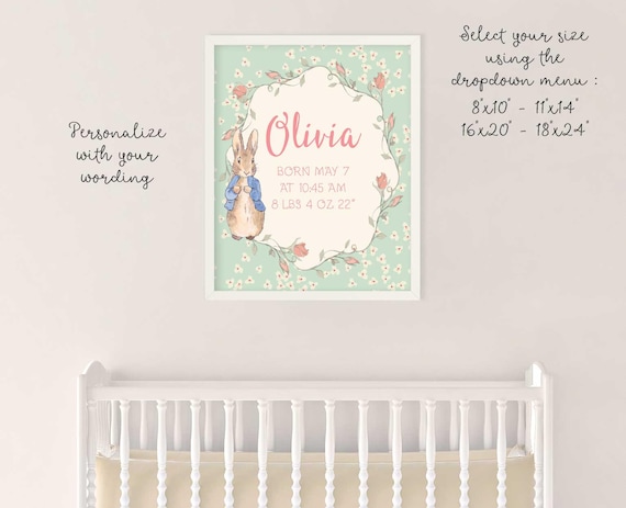 PERSONALISED Peter Rabbit New Baby//Birth FRAMED PRINT Boy /& Girl Picture Gift