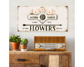 Flower Market Canvas Sign, Spring Home Decor, Flowers Wall Art, Easter Gifts, Large Kitchen Sign, Dining Room Wall Art, Family Name Hanging