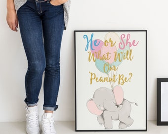 Gender Reveal Party Decorations, Elephant Gender Reveal Poster, Baby Shower Welcome Sign, He Or She Banner, Little Peanut Canvas Sign 0156