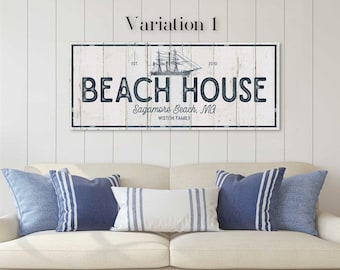 Beach House Signs, Coastal Wall Decor, Porch Decor Idea, Personalized Family Name Print, Large Summer Canvas Wall Hanging, Modern Farmhouse