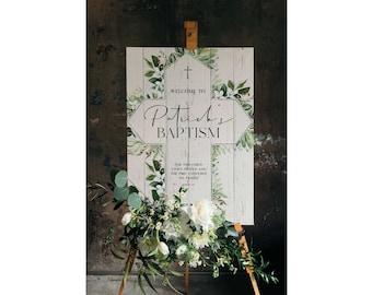 Welcome Baptism Sign, First Communion Banner, Greenery Christening Signs, Religious Board, Welcome To Baptism Celebration Banner, Eucalyptus