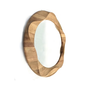 Unique Decorative Round Wooden Mirror. Beautiful Circular Mirrors Made From Handcrafted Natural Oak Wood, Wall Art, Rustic & Modern Decor