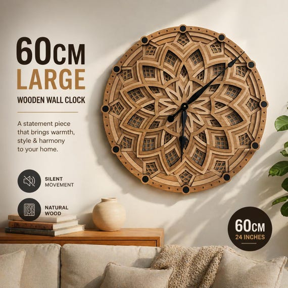 Large Wooden Wall Clocks 60cm | Modern Minimalist Wall Decor | Silent Non Ticking Clock | Boho Living Room Decor | Housewarming Gift