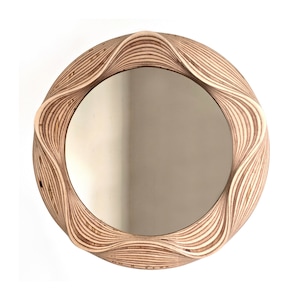 24 inch round wooden mirror made from solid birch, 60cm diameter mirror ideal for living room, bedroom, dining room or lounge