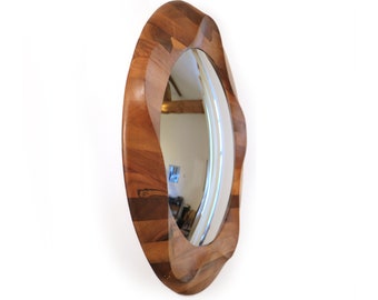 Convex Mirror made from solid walnut wood.  Luxurious round wooden mirror frame with convex mirror glass, a stunning wall hanging mirror