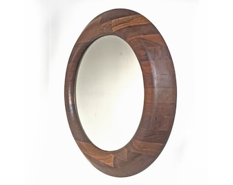 25 inch round wooden mirror, 60cm round wall hanging mirror made from walnut, 25" circular mirror