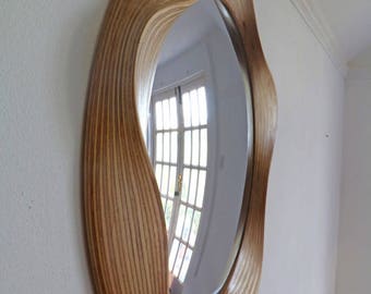 Espelho convexo grande: moldura de madeira de bétula, decoração de parede contemporânea (740 mm)