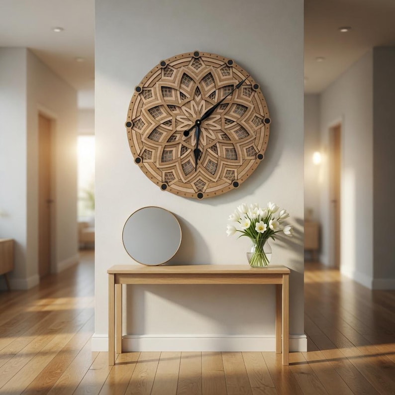 Op de afbeelding: Een grote, ronde houten wandklok met een gelaagd bloemenontwerp hangt boven een houten console. Een ronde spiegel en een vaas met witte bloemen staan op de tafel. De klok heeft zwarte wijzers en zwarte stippen.