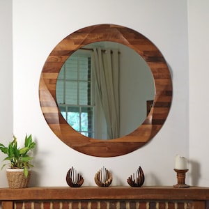 Round mirror, Large decorative round wooden wall mirror, wooden mirror wall, circular wall hanging mirror made from solid walnut wood.