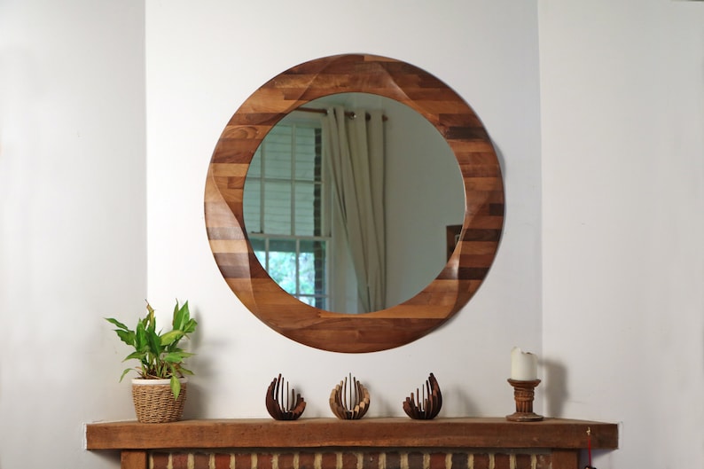 Round Mirror Wall Hanging Wooden Wood Circular Mirrors Frame