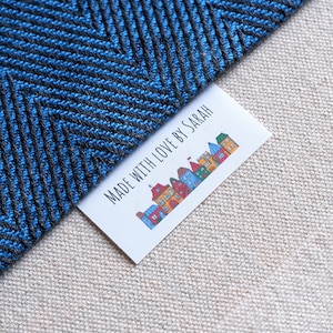 Fold-over Fabric Garment Product Tags For Handmade Items Customise with your own text 30mm x 30mm Sewing Knitted Crochet Handsewn