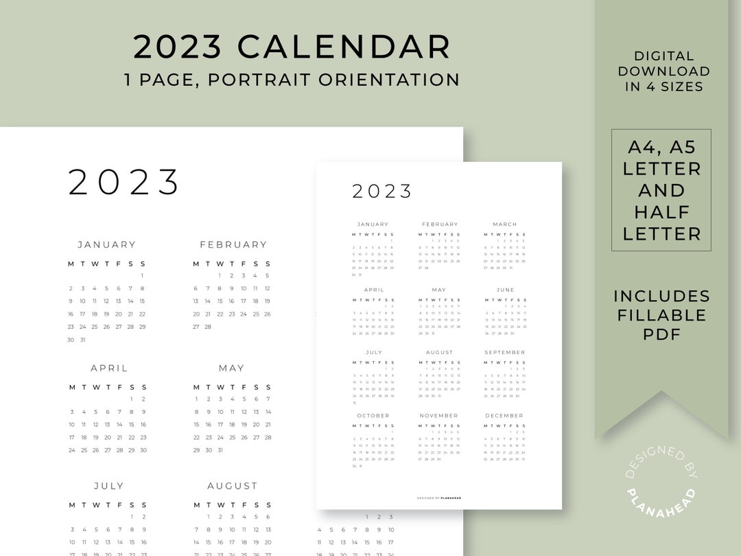 12 Month Calendar One Page Portrait Calendar Printable Etsy